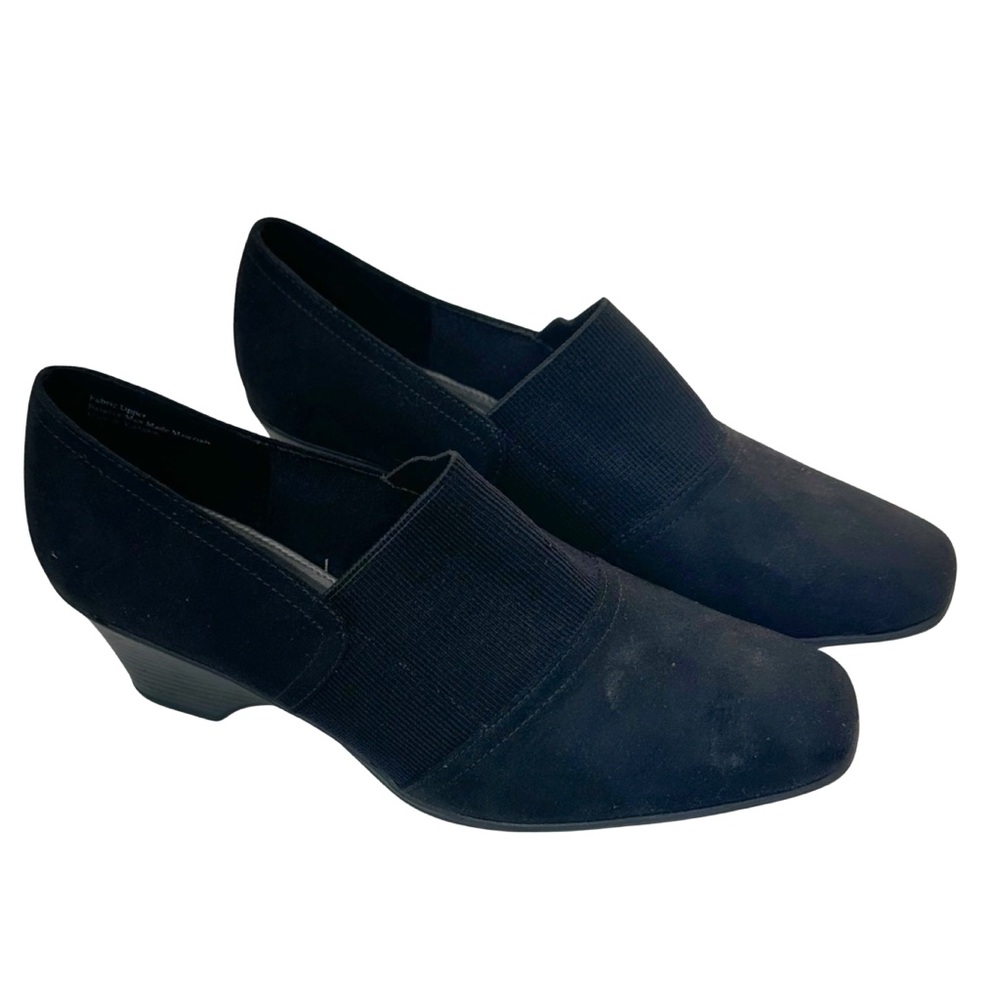 Coach and Four Black Textile Slip On Stretch Vamp Ankle Bootie Heels